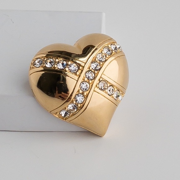 Vintage 1990s Swarovski Gold Heart Brooch – Pave Crystal Pin - Picture 6 of 16